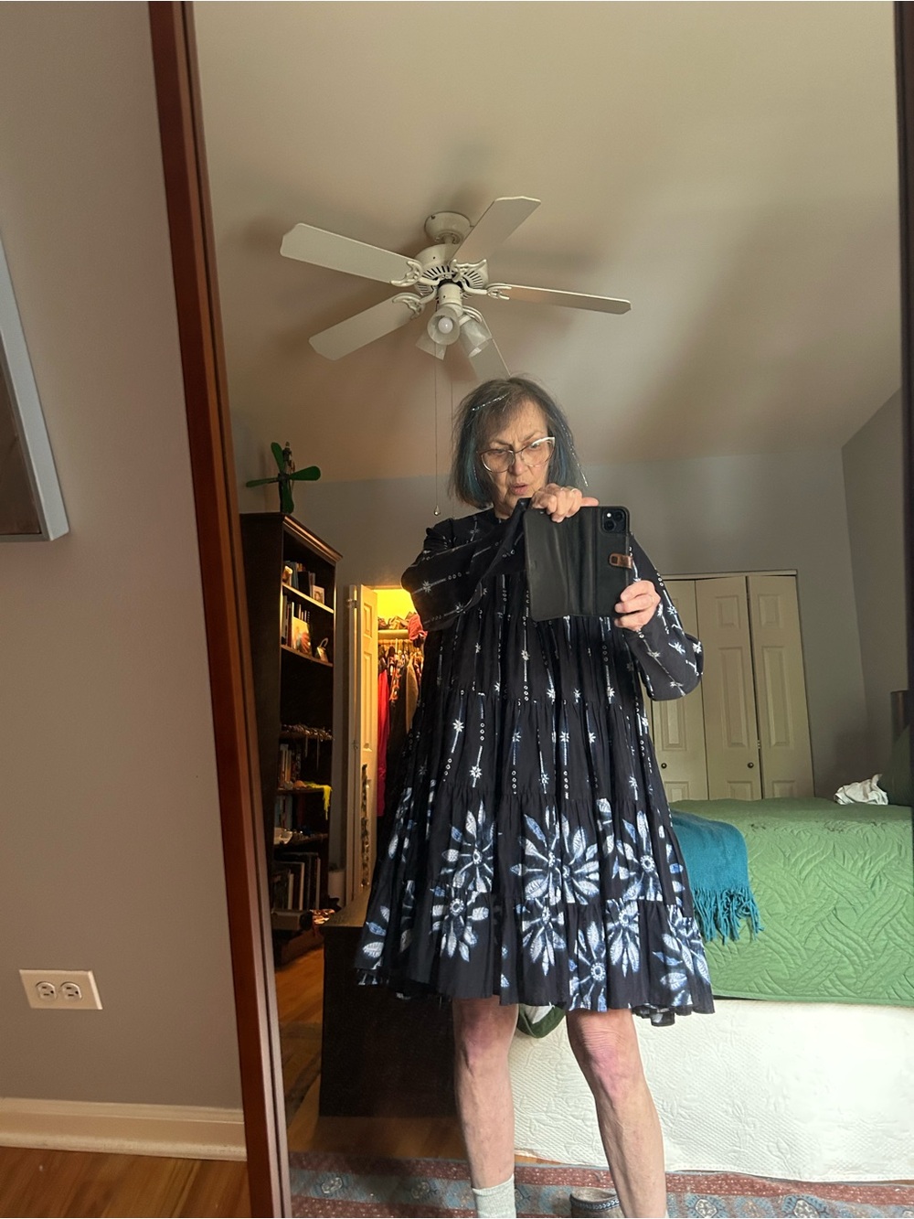 Merlette Navy blue  Long Sleeve Tiered Tunic with White Starburst Print